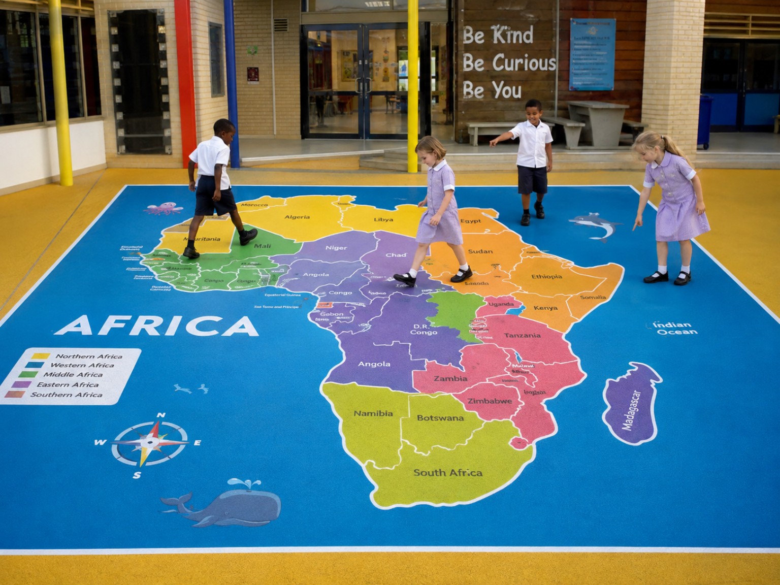 Interactive Africa learning map printed on a school floor
