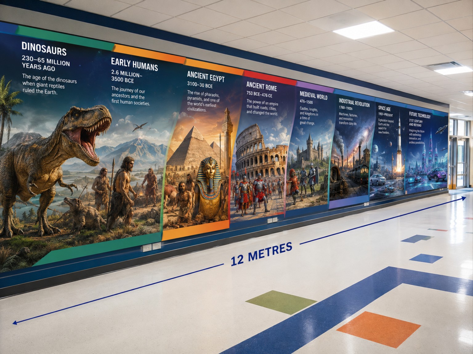 Educational timeline designed around a school corridor