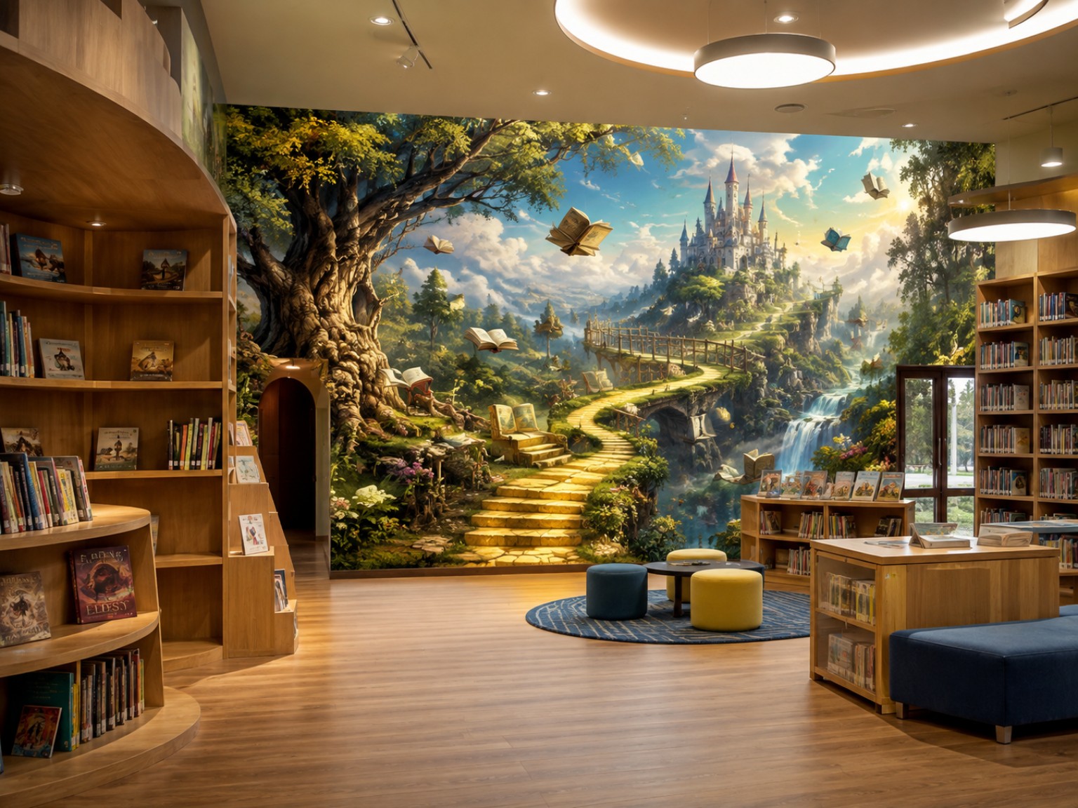 Immersive illustrated wall in a school library