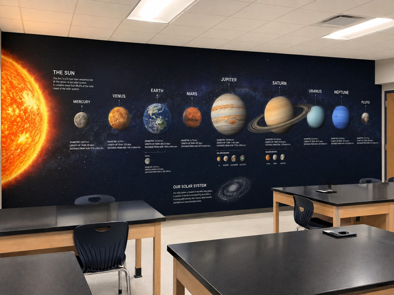 Solar system learning wall in a science classroom