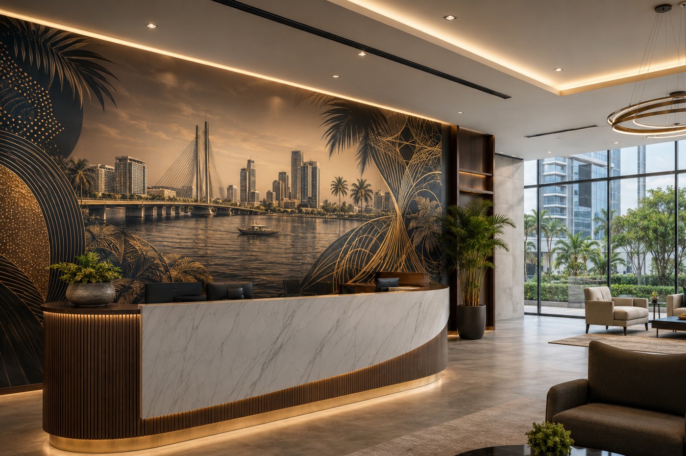 Finished Pingendi architectural feature wall in a premium corporate reception