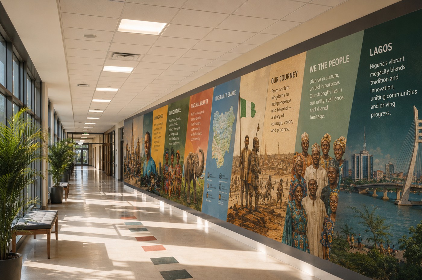 Public-sector visual communication printed directly on an architectural wall